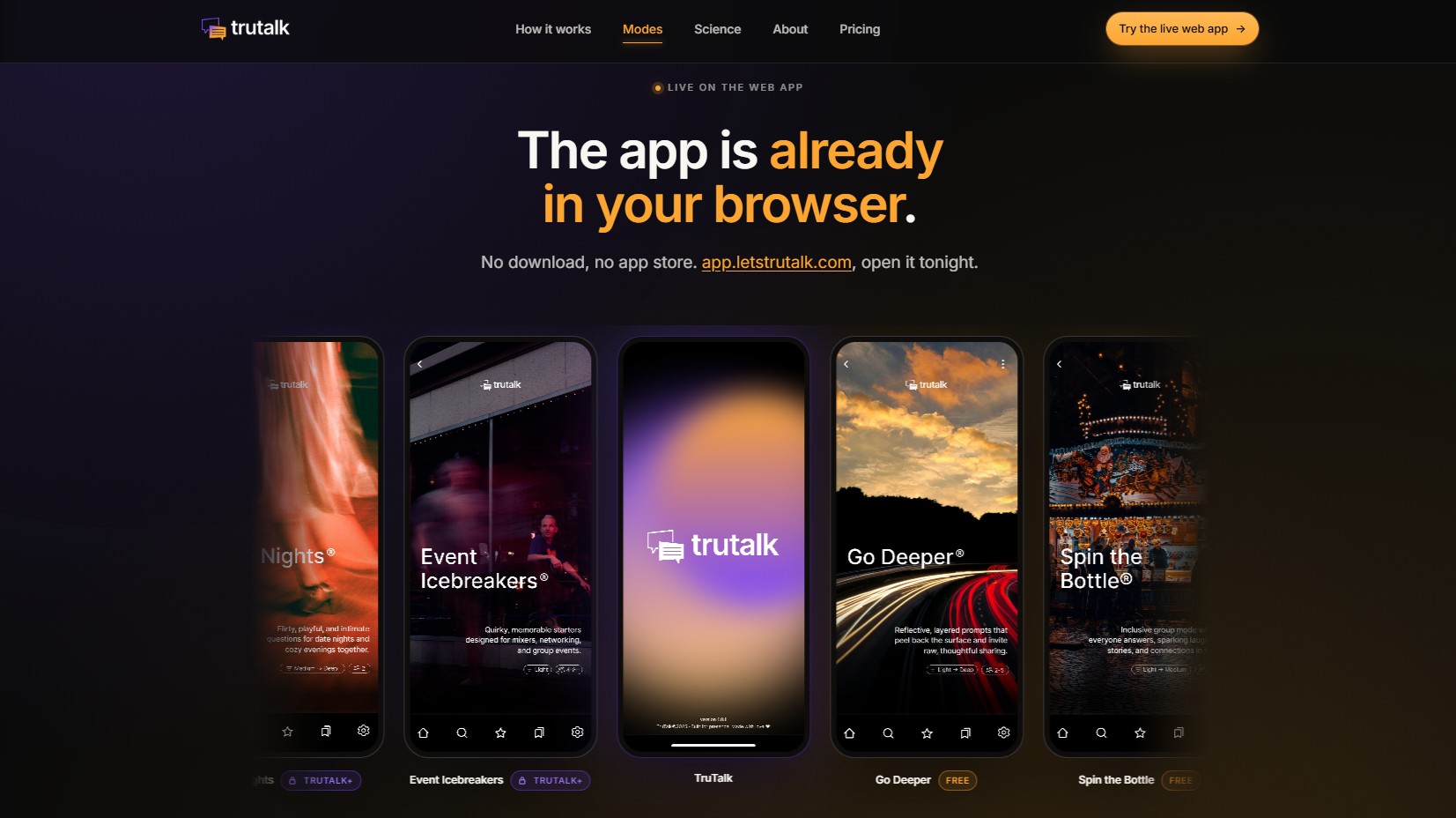 TruTalk - the shipped app, five modes